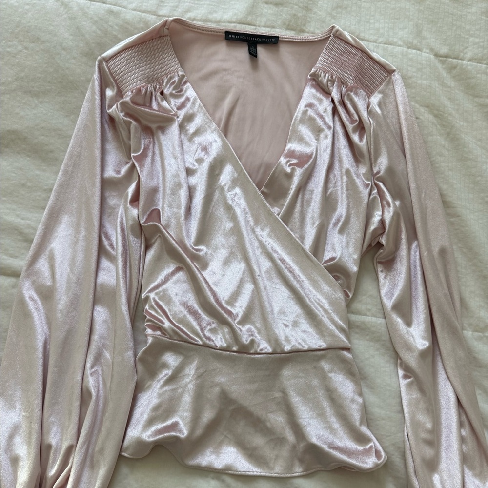 White House Black Market Pale Pink Shimmer Wrap Blouse
